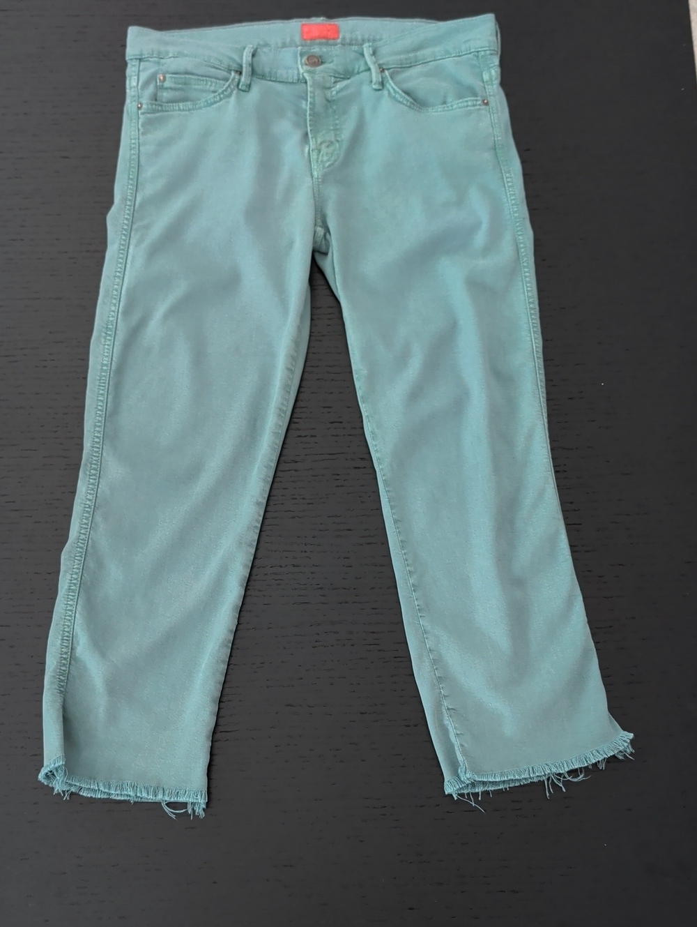 MOTHER The Rascal Fray Painted Ladies Cropped Jeans Blue Lagoon Green 29